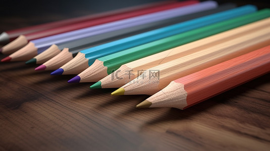 3D 渲染场景中的木质彩色铅笔