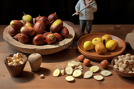 几种不同种类的坚果苹果和坚果