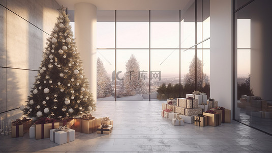 庭院圣诞树背景图片_现代住宅宽敞的庭院装饰着圣诞树和 3D 渲染的礼物