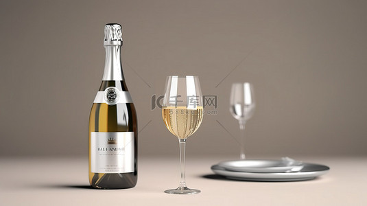 与瓶葡萄酒侍酒师背景图片_香槟瓶模型与玻璃隔离在白色背景 3D 渲染