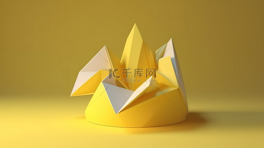 一张令人惊叹的黄色纸包裹着一个白色的体积几何图形，在一个简单的背景上以精美的 3D 插图形式出现