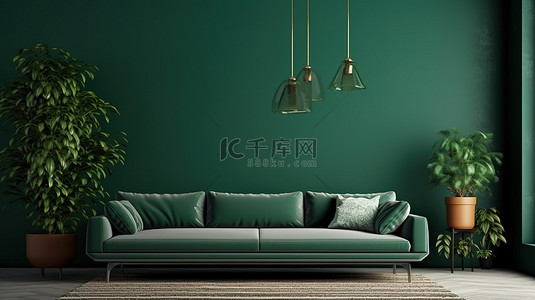 时尚的 3D 渲染当代绿色生活空间，配有棕色沙发和郁郁葱葱的植物装饰