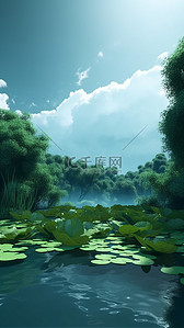 莲叶植物背景图片_蓝天池塘荷叶绿色背景