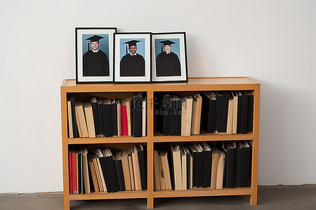 老年人拍照背景图背景图片_书籍排列在带毕业帽的木椅上