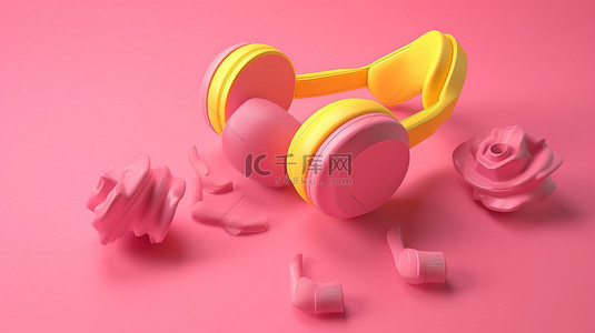 黄色隔离背景，带有粉红色耳机和哑铃的 3D 插图，完美的运动器材，适合您的音乐注入健身训练