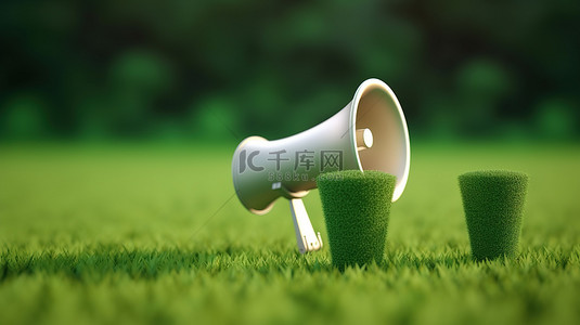 气泡音背景图片_草和绿色苔藓背景中的简约 3D 渲染扩音器和语音气泡