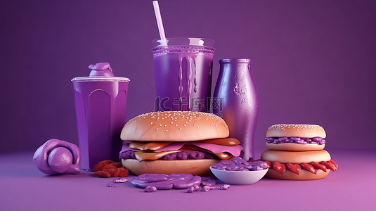 紫色背景，包含 3D 阵列的经典快餐食品汉堡热狗披萨和咖啡