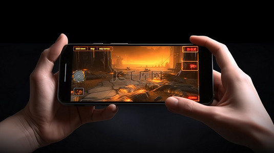 水平手持黑色智能手机的游戏风格概念 3D 渲染