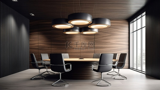 置物架木质小物件背景图片_现代会议空间设有时尚的灰色桌子木质内置橱柜和板条墙 3D 设计