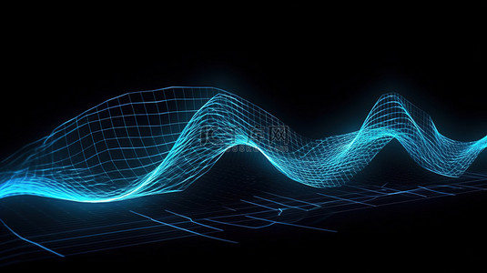 电蓝色丝带的飘逸 3D 渲染具有让人想起海浪的几何条纹和散发微妙光芒的抽象交叉线