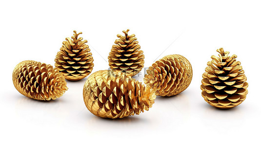 白色背景优质图像上的 3D 金色松果，用于圣诞装饰和设计