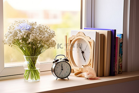 钟花背景图片_窗台上有一个小钟和书
