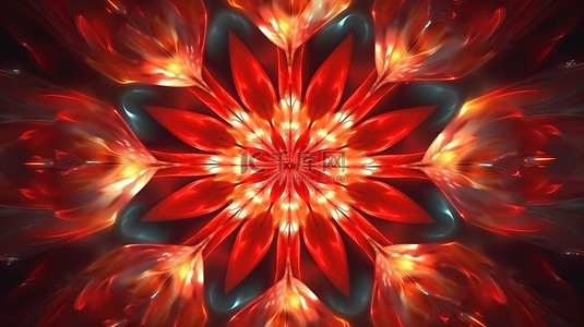 光背景图片_充满活力的 3D 艺术品红色几何花朵图案，带有万花筒扭曲和闪烁的灯光