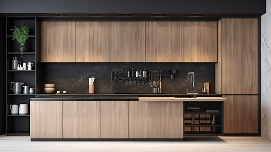 现代 3D 室内设计厨房角，配有带框架模型的天然和黑色木纹前面板