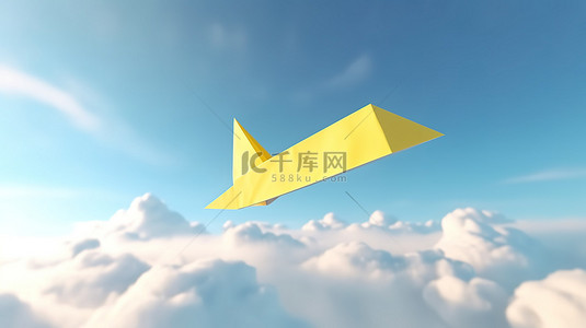 蓝天背景下飞行的黄色和白色纸飞机的 3d 渲染