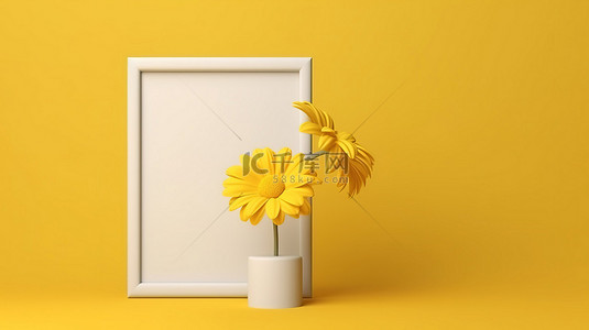 框架简约背景图片_空白的白色相框，配有黄色背景和美丽的花朵，对自然的简约诠释3D 渲染