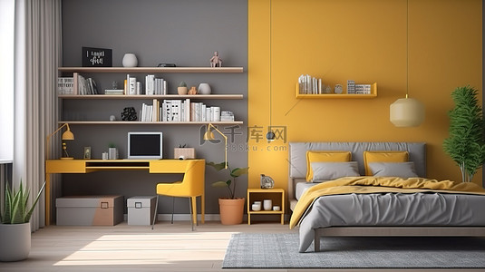 现代客房背景图片_现代宿舍间双床黄色书柜和灰色墙壁的室内设计概念 3D 渲染