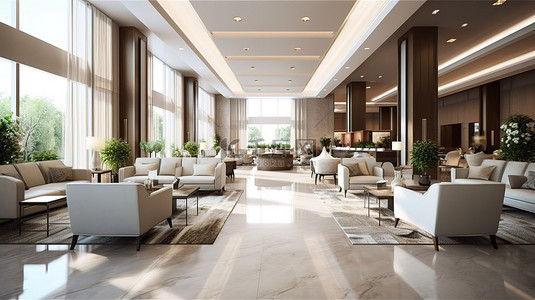 现代别致的酒店大堂令人惊叹的室内设计与舒适的家具 3D 渲染图像