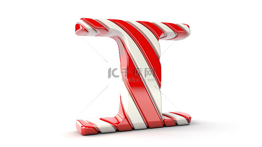 白色背景上的小写 t 字母 3D 渲染字体，带有红色白色糖果手杖线