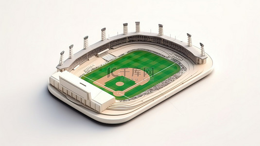 3D 风格的板球体育场视图，配有比赛装备智能手机和白色背景的空白空间