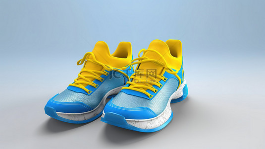 充满活力的蓝色和黄色男女通用运动鞋，带高底 3D 渲染
