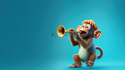 蓝色喇叭卡通背景图片_喇叭在生动的蓝色设置中演奏猿猴设置 3D 渲染