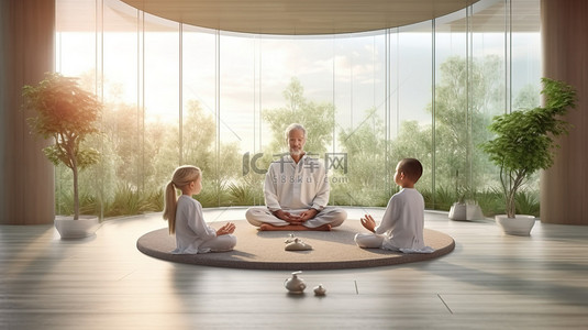 运动冥想背景图片_祖父和孙子在室内宁静的 3D 冥想场景中