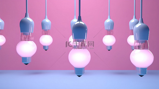 粉红色背景上蓝色灯泡包围的浮动灯泡概念的 3D 渲染