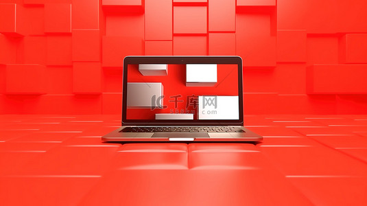 红色背景下笔记本电脑和 YouTube 徽标模型的 3D 渲染
