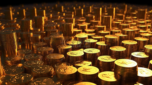 很背景图片_金币在 3D 渲染高程中堆得很高，象征着财富和繁荣