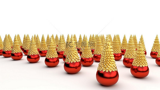 华丽红色背景背景图片_闪闪发光的金色和红色锥形圣诞树，干净的白色背景上闪闪发光的装饰品