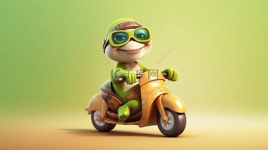 可爱的 3D 乌龟用不赞成的拇指骑着摩托车