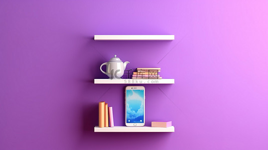 紫色墙架与手机的垂直背景 3D 插图