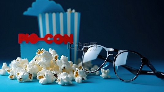 蓝纸背景上的电影体验 3D 眼镜爆米花和灯箱消息