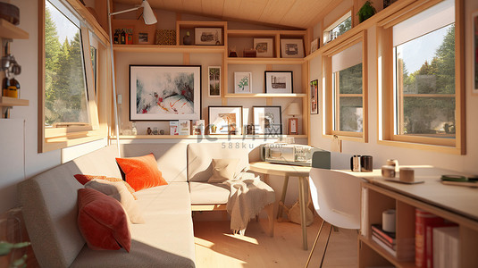 舒适小空间背景图片_小房子里舒适的生活空间 3D 渲染