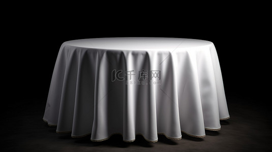 黑色背景的 3d 渲染隔离空圆桌与白色桌布