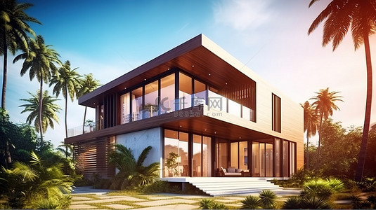 从后视图看现代热带房屋建筑设计理念的 3D 插图