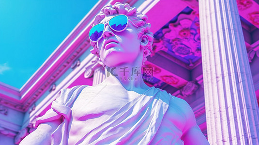 海报流行背景图片_复古波城市流行设计 3D 渲染的希腊神雕像戴着带有蒸汽波配色方案的太阳镜