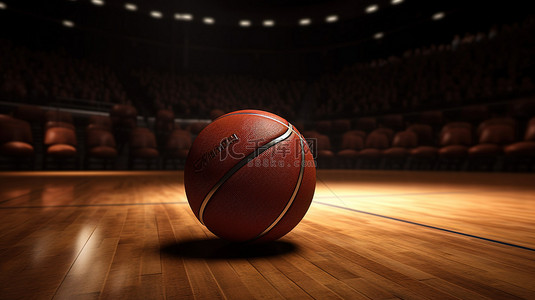 在活动背景图片_3d 在硬木地板上渲染篮球与体育场背景
