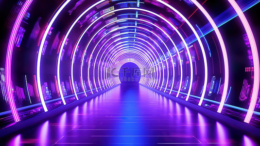 魔方科幻背景图片_带有脉动霓虹灯丝带的高科技隧道的 3D 渲染插图