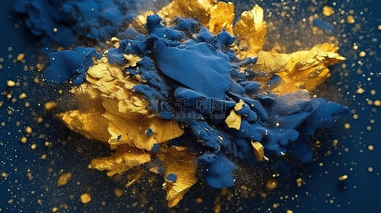抽象背景令人眼花缭乱的金色闪光和强烈的蓝色粉末近距离
