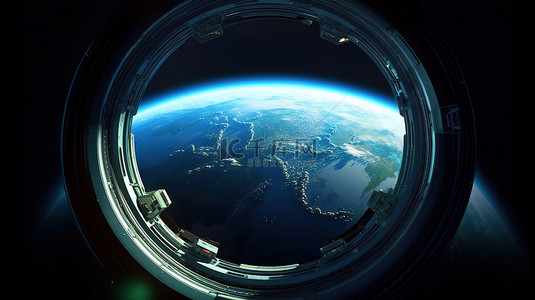 透过太空飞船窗户看到的令人惊叹的地球 3D 渲染图