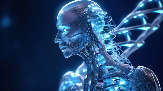 机器人持有 DNA 螺旋的 3D 渲染阐释了先进的医疗技术概念