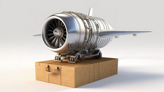 白色背景上带有飞机喷气发动机的快递箱的 3D 渲染