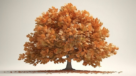 大自然的秋季美景 3D 渲染插图，一棵宁静的橡树装饰着质朴的棕色叶子