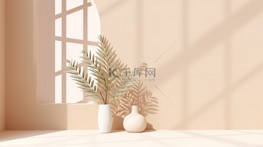 时尚的米色柔和 3D 产品展示，带有窗户阴影和植物装饰