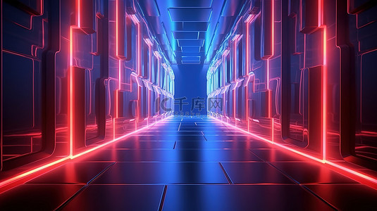 科技深蓝背景图片_抽象发光冰线照亮 3D 渲染中红色和蓝色科技霓虹灯背景的走廊
