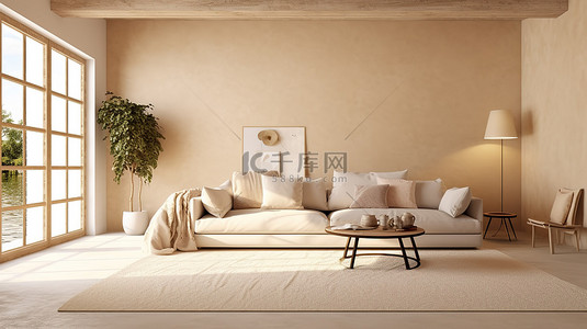 家纺直播背景背景图片_斯堪的纳维亚农舍米色客厅内部与天然灰泥的令人惊叹的 3D 渲染插图
