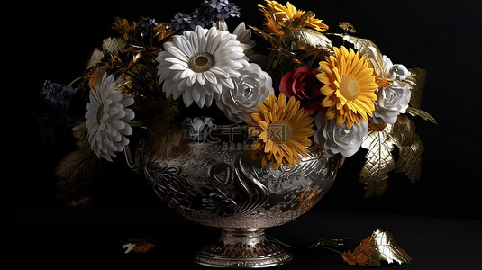 数字艺术画一束彩色鲜花和 3D 花瓶，黑色金色和银色，用于墙壁装饰