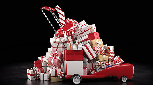 圣诞礼车背景图片_一辆红白相间的托盘车，运载着 3D 描绘的大量礼物